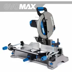 This mitering chop saw from EVOLUTION operates on 120V AC with a 15 A current and a maximum blade speed of 1,100 RPM. It is designed for cutting metal and other materials in fabrication, construction, and maintenance applications, allowing precise angled cuts.