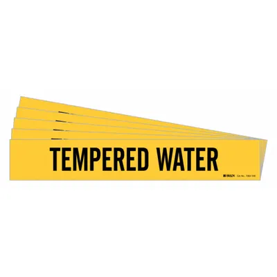 BRADY Pipe Marker: Tempered Water, Yellow, Black, Fits 8 in and Larger Pipe O.D. - Tempered Water Adhesive Pipe Markers