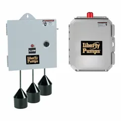 This duplex pump control panel operates on single-phase 120/208/240V AC power and supports a current range of 0 to 14.9 A. It features a tether float switch, audio alert output, and demand dose dosing schedule. The panel is non-reversing and is suitable for managing two pumps in applications such as wastewater, sewage, and industrial fluid handling.