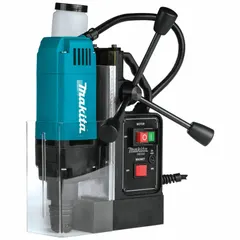 The MAKITA HB350 is a compact magnetic drill press with an electric magnet for secure attachment to ferrous surfaces. It operates at 120V AC, 10 A current, and offers 2 inches of drill travel. Suitable for drilling holes in steel and other ferrous metals in construction, fabrication, and maintenance applications.