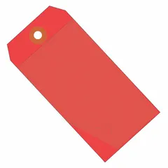 Red vinyl self-laminating shipping tags, 6 1/4 in height by 3 1/8 in width, supplied in packs of 100. The self-laminating design protects written information from moisture, abrasion, and handling. Suitable for labeling and identification in industrial environments such as shipping, inventory, and asset tracking.