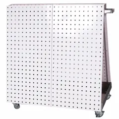 This steel A-frame pegboard rack provides organized hanging storage for tools and parts in workshops and industrial settings. It features 3/8-inch peg holes and a white finish. The unit is mounted on two rigid and two swivel casters for easy repositioning.