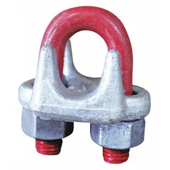 Forged steel U-bolt clip for securing wire rope terminations. Compatible with 3/4 in rope diameter, 18 in rope turnback length. Red finish. Used in rigging to form load-bearing eyes or loops.