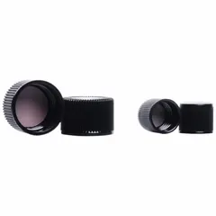 Black phenolic screw cap with a PTFE-faced rubber liner, designed for sealing laboratory containers with an 18-415 mm screw closure. Autoclavable for high-temperature sterilization. Suitable for general lab use with glass or plastic containers requiring a chemical-resistant seal.