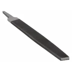 Rectangular machinist's file with tapered double-cut and bastard cut for aggressive material removal. Measures 8 in length without tang, 13/16 in width, 3/16 in thickness. Suitable for deburring, smoothing edges, and rough shaping of metal, wood, or plastic.