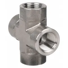 316 stainless steel pipe cross with four 3/8 in ports, rated for 5,000 psi. Used in extreme pressure instrumentation systems to connect four pipes at a single junction for high-pressure fluid or gas applications.