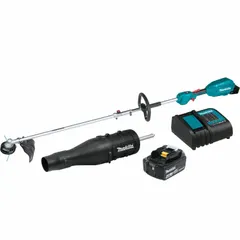 This combination kit includes a blower and a trimmer for outdoor property maintenance. The blower delivers a maximum air speed of 111 mph. The system operates on 18 V and is powered by a 4.0 Ah battery.