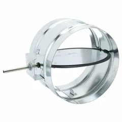 Round manual control damper for 12-inch diameter steel ducts. Features a butterfly blade with silicone seal, normally open switch action, and maximum air velocity of 3000 fpm. Ceiling-mounted with included actuator bracket. Used to regulate airflow in HVAC systems.