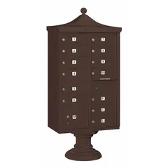 Horizontal multi-unit mailbox with 14 lockable front-access doors. Pedestal mounting design. Overall dimensions: 71 3/4 in H x 31 in W x 18 1/2 in D. Suitable for centralized mail delivery in residential or commercial complexes.