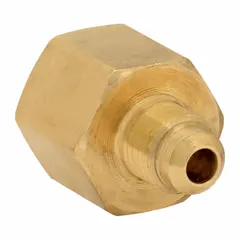 This brass flared coupling joins 1/4 in OD and 3/8 in OD tubing in fluid systems. It meets SAE J513 standards for 45-degree flare fittings, providing a leak-resistant connection in industrial applications.