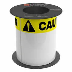Yellow caution OSHA header supply, 9 in x 6 in per label, 6 in x 75 ft roll. Acrylic adhesive. Compatible with LabelTac 9 printer series. Used to create caution labels for industrial safety signage.
