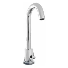Single-post sensor faucet constructed of brass with a polished chrome finish. Plug-in operation with included mounting hardware. Suitable for touch-free handwashing in commercial and institutional restrooms.