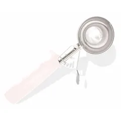 This #10 disher features a 2 5/8 in bowl diameter and 3.8 oz capacity, constructed from 18-8 stainless steel and plastic. NSF certified for foodservice use, it is suitable for portioning soft foods such as ice cream, mashed potatoes, or cookie dough.