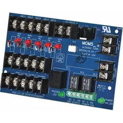 The ALTRONIX MOM5 is a power distribution module with five PTC-protected outputs, accepting 12/24V DC input. Constructed on a phenolic/fiberglass substrate, it is used for distributing DC power in control panels, access control, and automation systems.