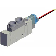 This SMC SY7000 Series solenoid valve is a single solenoid, five-way/two-position unit with five ports. It operates on 24V DC and features 1/4 in NPT ports with plug-in connectivity and internal pilot actuation. Commonly used to direct compressed air in pneumatic systems for cylinder and actuator control.