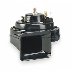This WOLO electric horn produces a low-tone audible warning signal for passenger vehicles. It operates on 12V DC and includes a mounting bracket for installation. The horn has a painted black finish and is suitable for use as a vehicle warning device.