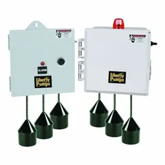 This multi-purpose pump control panel is designed for simplex operation of a single pump in wastewater, effluent, or dewatering systems. It operates at 120/208/240V AC and handles 20 to 30 A, featuring a non-reversing contactor, demand dose dosing schedule, and audio alert output. The panel includes a tether float switch and is housed in a plastic enclosure.