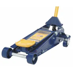 This manual-handle, mechanical trolley floor jack has a 2-ton load capacity and a steel body. It is used in automotive repair, industrial maintenance, and material handling for lifting heavy loads during service, inspection, or repositioning.
