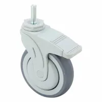 This swivel single-wheel threaded stem caster features a 5-inch diameter polyolefin wheel with a 1 1/4-inch width and a ball bearing. It has a 1/2"-13 threaded stem and a total lock mechanism that secures both swivel and wheel. The gray caster is suited for medical equipment such as hospital beds, stretchers, and diagnostic carts