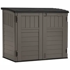 This horizontal outdoor storage shed from SUNCAST offers 34 cu ft of capacity for organizing garden tools, patio cushions, and pool supplies. Constructed from UV-resistant multi-wall resin, it withstands sun exposure. The lockable panel design secures contents. Unassembled, dimensions 49 in L x 28 1/4 in D x 43 1/2 in H.