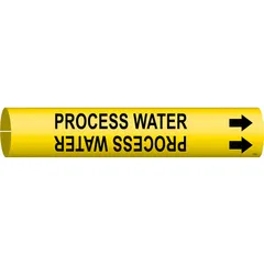 Yellow pipe marker with black legend reading 'Process Water' and directional arrows. Snap-on design fits pipe outer diameters from 3/4 to 1-3/8 inches. Used to identify process water lines in industrial piping systems.