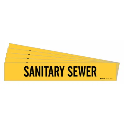BRADY Pipe Marker: Sanitary Sewer, Yellow, Black, Fits 2 1/2 to 7 7/8 in Pipe O.D. - Sanitary Sewer Adhesive Pipe Markers