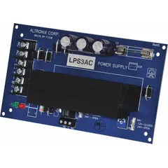 Linear power supply/charger on a phenolic/fiberglass board. Accepts 16/28V AC input and provides 12/24 VDC output at 2.5 A. Used for continuous charging or DC power in security and access control systems.