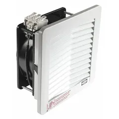 Square axial fan with polyamide blade and polybutylene terephthalate housing. Dimensions: 3 3/16 in height, 2 7/8 in depth. Features terminals and IP43 rating. Used for cooling and ventilating electrical enclosures, control panels, and industrial equipment.