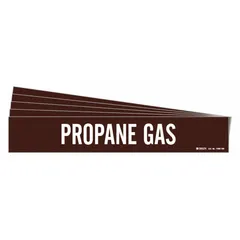 Adhesive pipe marker for identifying propane gas lines. Brown background with white legend text. Fits pipes with outer diameter of 8 inches and larger. Pack of 5 markers without directional arrows.