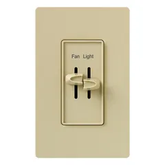 This dual slide control operates a ceiling fan and light fixture independently from a single wall plate. It features a non-reversible SPST switch design with two slides, rated for 120V AC and 1.5 A. The ivory plate is suitable for residential or light commercial installations requiring separate fan speed and light level adjustment.