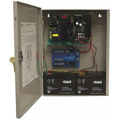The ALTRONIX AL1024ULM is a power supply board housed in a steel enclosure. It converts 115V AC input to 24VDC at 10A output. The unit includes five fuses for output circuit protection, suitable for powering security systems, access control, and industrial control equipment.