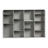 Gray insert for Large Compartmented Boxes, measuring 18 in x 12 in x 3 in, with four compartments each 11-9/16 in x 4-5/16 in. Includes nine removable front-to-back dividers for custom organization of small parts, fasteners, and tools. Compatible with DURHAM MFG model 123-95