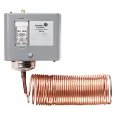 Steel-enclosed line-voltage thermostat with manual reset and SPST switch action (open on rise). Temperature control range 100° to 170°F with 8°F differential. Operates at 120 to 600V AC. Includes 6 ft capillary with 10 in x 3/8 in bulb. Used for temperature control in HVAC, refrigeration, and process equipment.