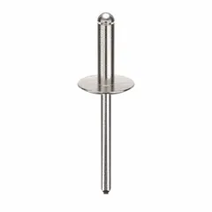 Open-end blind rivet with a large flange for load distribution in thin or soft materials. Overall length 2 in, body length 43/64 in, diameter 0.183 in. Supplied in a 250-piece pack. Used for single-sided fastening in sheet metal assembly.