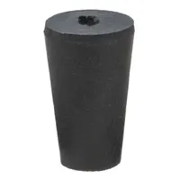 This black SBR rubber stopper is size 0 with a top diameter of 15 mm, bottom diameter of 10 mm, and overall height of 25 mm. It complies with ASTM D2000 standards. Used to seal containers, vials, or laboratory glassware, providing a reusable closure for general industrial and lab applications