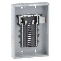 Convertible main lug load center rated 125A, 120/240V AC, single-phase, with 24 spaces and 65kA short-circuit current rating. Plug-on neutral design simplifies wiring. For indoor use; enclosure cover ordered separately. No tandem breakers supported