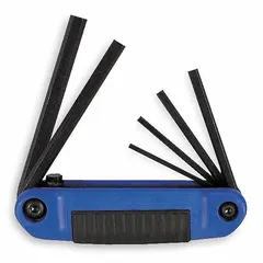 This folding hex key set contains one tool with six metric short standard-end tips. The black oxide finish provides corrosion resistance. Designed for compact storage and quick access, it is used for tightening or loosening hex socket screws in mechanical assembly and maintenance tasks.