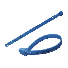 Blue plastic tearaway strap seals with a 7 1/2 in strap length and 3/8 in strap width. Breaking strength of 75 lb. Each seal is hot stamped with random black numbers for identification. Supplied in packs of 250. Used for tamper-evident sealing of bags, containers, and enclosures in logistics and industrial applications.