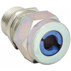 Straight metallic cable grip with steel body and 3/4 in MNPT connection for securing and sealing electrical cords entering enclosures. Accommodates cord diameters from 0.38 in to 0.50 in with blue color-coded grommet. Rated IP66 and Class III, Division 1 & 2 for hazardous locations. Overall length 1 3/4 in.