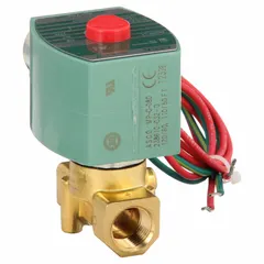 This 2-way, 2-position normally closed solenoid valve features a brass body and PTFE seal. It has a 3/8 in pipe size and operates on 110V AC. The coil enclosure is watertight without a junction box. Suitable for on/off control of compatible fluids in general industrial and process systems.
