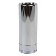 This 1/2" drive hand socket has a 23 mm metric size, 12-point configuration, and deep length. The chrome finish provides corrosion resistance. It is used for turning hex fasteners in automotive, industrial, and mechanical applications, particularly in recessed areas.