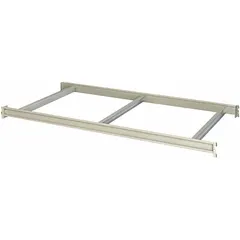 This open deck bulk rack shelf kit from HALLOWELL includes a powder-coated light gray steel frame with 14 ga beams and cross bars. It measures 48 x 48 x 3-1/8 inches and supports up to 3800 lb. Suitable for heavy-duty storage of bulk items on industrial racking systems.