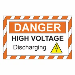 This plastic sign warns personnel of high voltage and discharging electric vehicle hazards. It features mounting holes for installation and is non-reflective with no glow-in-the-dark properties. Typical applications include EV charging stations, maintenance bays, and industrial facilities requiring electrical hazard identification.