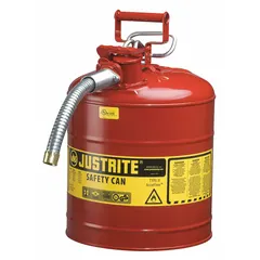 This 5-gallon Type II safety can is designed for dispensing flammable liquids. It includes a 1-inch OD hose and is finished in red. Suitable for transferring fuels, solvents, and other combustibles in industrial environments.