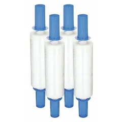 This 4-pack of clear stretch wrap film is designed for securing and stabilizing pallet loads during storage and transport. Each roll measures 30 inches wide by 1,000 feet long. The integrated handle with brake allows controlled tension application for wrapping boxes, machinery, and other industrial goods.