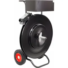 This heavy-duty ribbon-type strapping cart from ENCORE is designed to dispense plastic and steel strapping in industrial packaging operations. It accommodates strapping widths from 3/4 in to 2 in, suitable for securing pallets, bundles, and heavy loads in warehouses and manufacturing facilities.