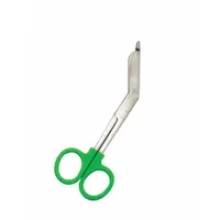 Reusable bandage scissors with 5 1/2 in overall length. Stainless steel angled blades allow precise cutting close to the skin without snagging. Green plastic handles provide a secure grip. Suitable for cutting medical dressings, bandages, and tape