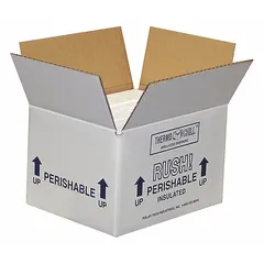 White cardboard insulated shipping container with 1-inch Styrofoam insert wall thickness. Measures 6 in x 4 1/2 in x 3 in. Suitable for protecting temperature-sensitive items during transit in applications such as pharmaceutical, food, and laboratory shipments.