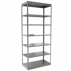 This heavy-duty bolted and clip-mount standalone open metal shelving unit from HALLOWELL features a steel frame and steel shelves. It measures 36 inches wide by 18 inches deep by 84 inches high and includes 7 shelves. The unit is unassembled and finished in gray. Typical applications include industrial storage for tools, parts, and bulk materials in warehouses and distribution centers.
