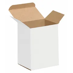 White fibreboard reverse tuck cartons with inside dimensions of 4 in length, 3 in width, and 5 in height. Supplied in packs of 250. Suitable for packaging, storage, and shipping of lightweight products.